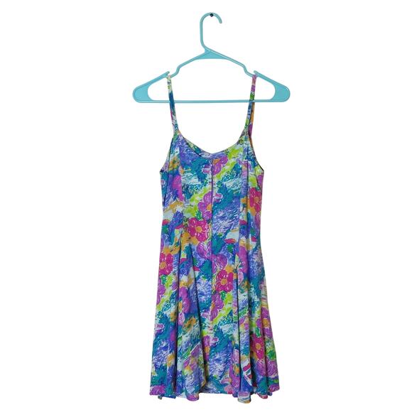 Vintage 90s Shok Abstract Floral Flouncy Skater Dress Small 7 Colorful Tropical - Picture 2 of 9